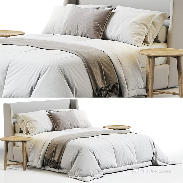 Modern Minimalist Double Bed With Soft White Quilt Cozy Gray Pillows And Wooden Nightstands 3d model 