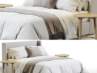 Modern Minimalist Double Bed With Soft White Quilt Cozy Gray Pillows And Wooden Nightstands 3d model