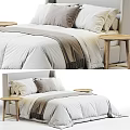 Modern Minimalist Double Bed With Soft White Quilt Cozy Gray Pillows And Wooden Nightstands