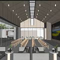 Modern Front Desk Reception Area With Wooden Chairs And Large Screen