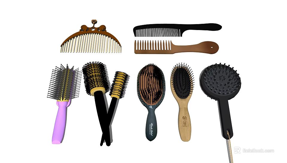 Different Types of Hair Brushes and Combs with Wooden and Plastic Handles for Daily Use 3d model 