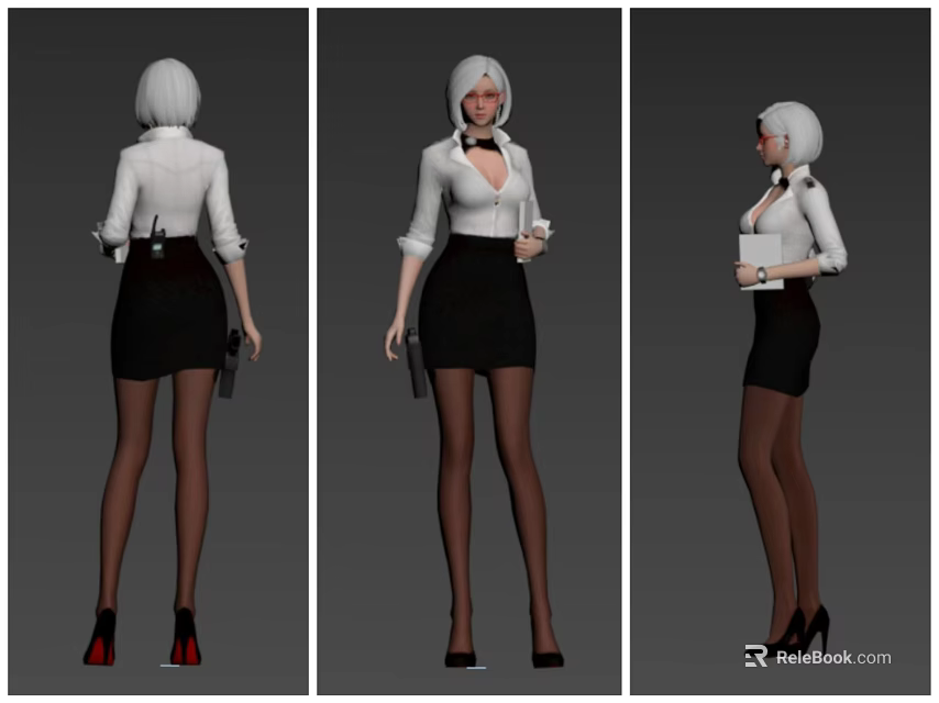Woman in White Shirt Black Skirt with Black Stockings High Heels Holding Gun 3d model 