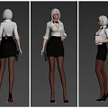 Woman in White Shirt Black Skirt with Black Stockings High Heels Holding Gun