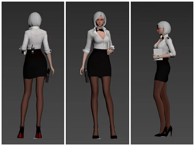 Woman in White Shirt Black Skirt with Black Stockings High Heels Holding Gun 3d model