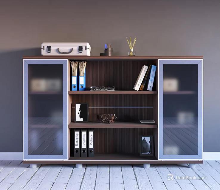 Wooden Bookcase With Glass Doors Featuring Vintage Suitcase Binders Books And Decorative Items 3d model 