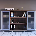 Wooden Bookcase With Glass Doors Featuring Vintage Suitcase Binders Books And Decorative Items