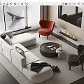 Modern Sofa Coffee Table Set with White L shaped Sofa Black Round Table Red Dark Armchairs 3d model