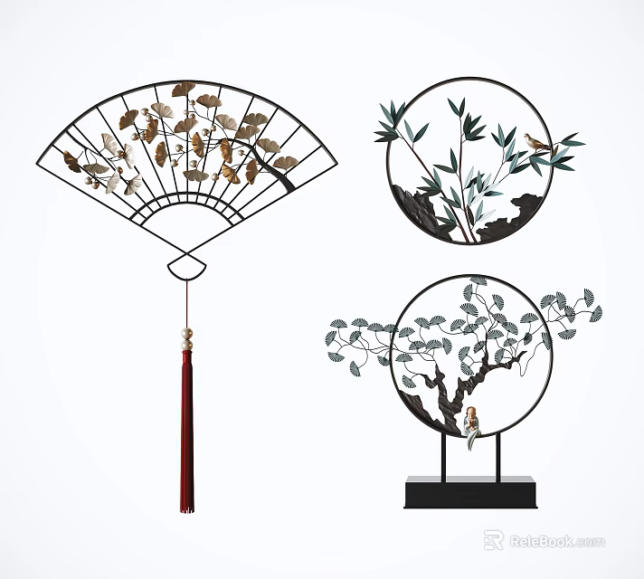 Decorative Chinese Wall Decor with Fan Shaped Leaf Patterns Circular Bamboo Birds and Tree 3d model 
