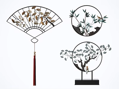Decorative Chinese Wall Decor with Fan Shaped Leaf Patterns Circular Bamboo Birds and Tree 3d model