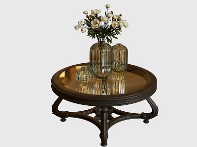 Round Coffee Table With Mirrored Top Dark Carved Legs And Vase With White Flowers 3d model