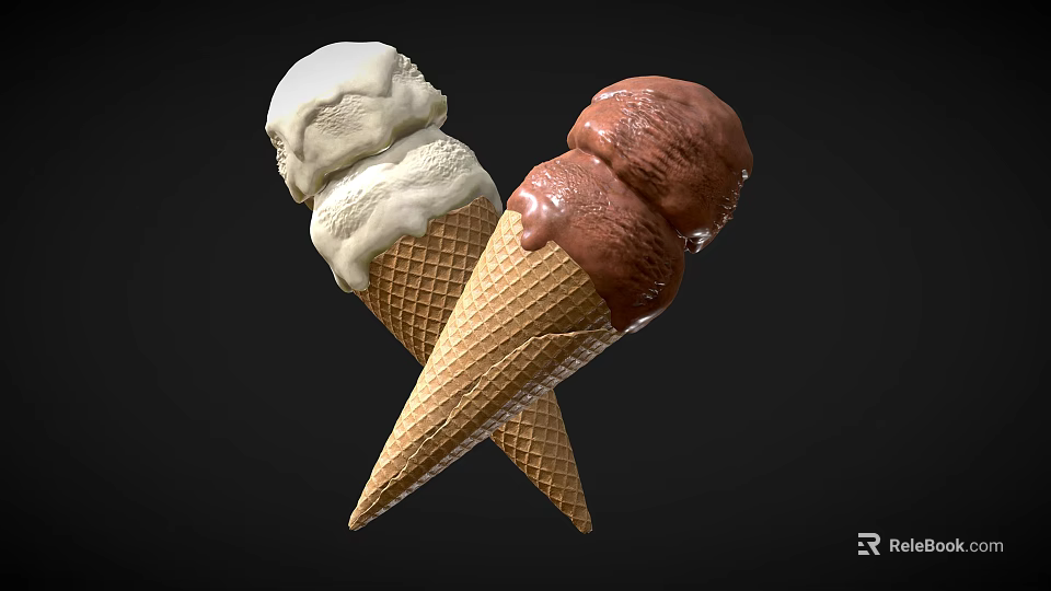 Delicious Double Scoop Ice Cream in Waffle Cones with Vanilla and Chocolate Flavors 3d model 