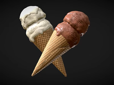 Delicious Double Scoop Ice Cream in Waffle Cones with Vanilla and Chocolate Flavors 3d model