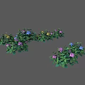 Natural Landscape With Green Bushes And Colorful Pink Blue and Yellow Flowers