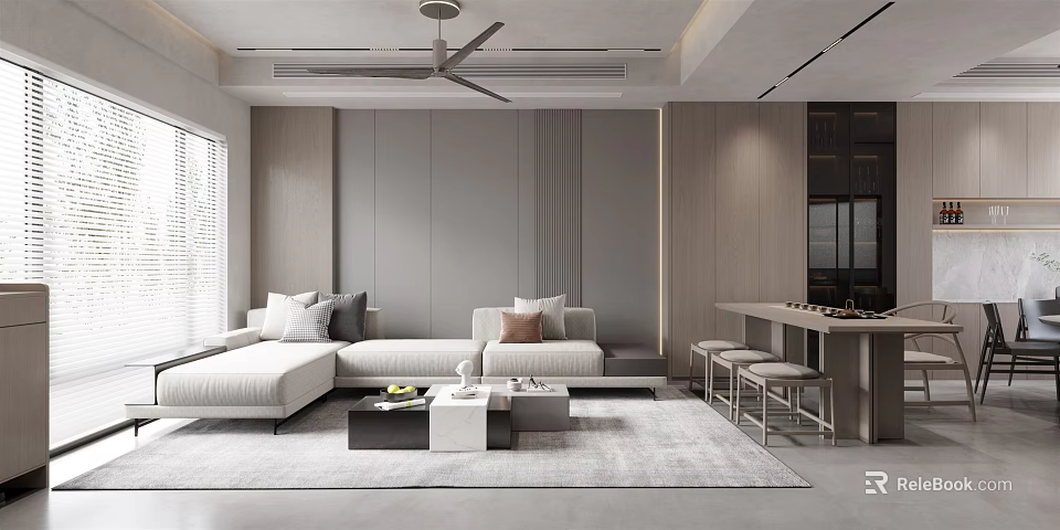 Modern Living and Dining Room Interior With Sofa Coffee Table Dining Table And Chairs 3d model