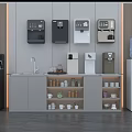 Modern Kitchen Area With Various Color Daily Appliances And Storage Shelves