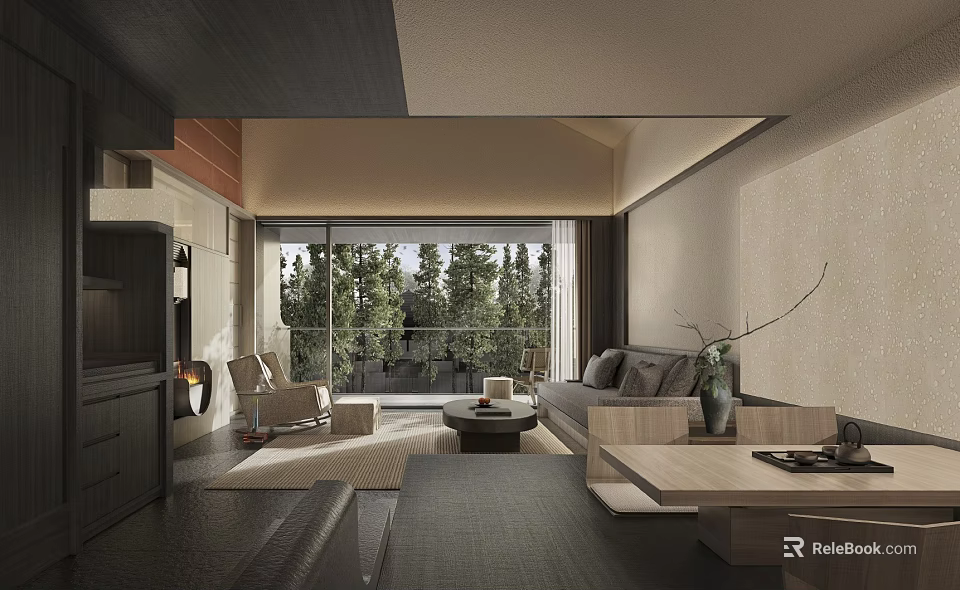 Hotel Guest Room With Modern Interior Design Natural View Sofa And Coffee Table 3d model 