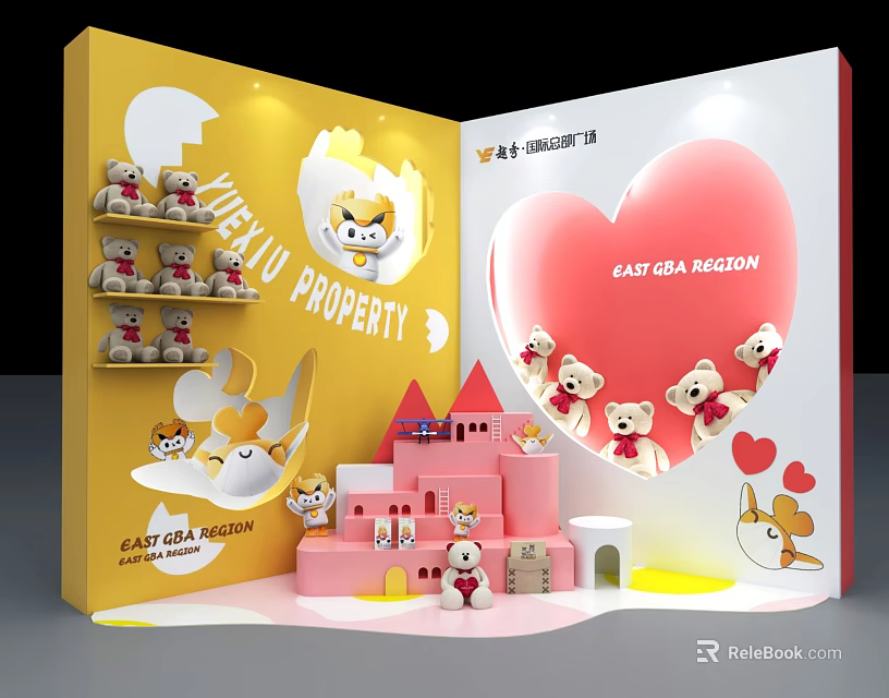 WENJIU PROPERTY Exhibition Display With Cartoon Bears Pink Castle And Red Heart Elements 3d model 