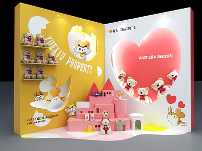 WENJIU PROPERTY Exhibition Display With Cartoon Bears Pink Castle And Red Heart Elements 3d model