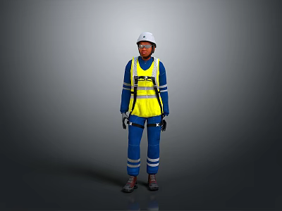 Man Standing In White Helmet Yellow Reflective Vest And Blue Work Uniform 3d model
