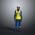 Man Standing In White Helmet Yellow Reflective Vest And Blue Work Uniform