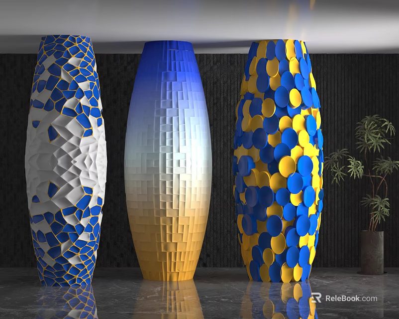 Colorful Decorative Columns With Blue Yellow White Geometric Gradient Circular Patterns 3d model