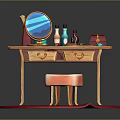 Elegant Wooden Dressing Table With Round Mirror Bottles Red Box And Stool On Red Rug
