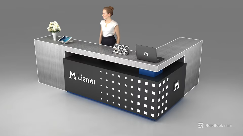 Modern Reception Desk With Flower Vase Tablet Laptop Standing Woman And Lienu Logo 3d model 