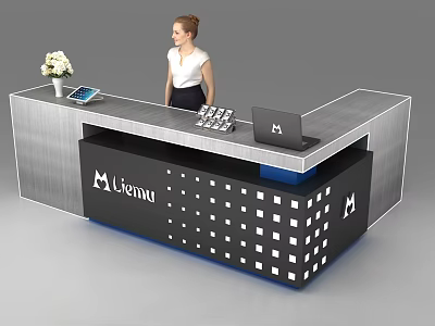 Modern Reception Desk With Flower Vase Tablet Laptop Standing Woman And Lienu Logo 3d model