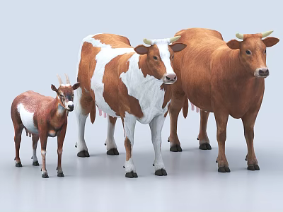 Three Cows of Different Sizes with Brown and White Brown Colors on White Background 3d model