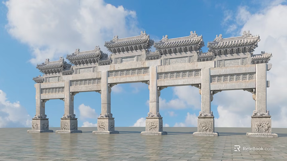 Traditional Chinese Stone Archway With Carved Roof Details And Blue Sky Clouds 3d model 