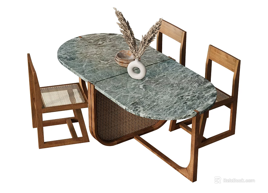 Oval Dining Table Set With Green Marble Top And Wooden Woven Chairs And Vase Decor 3d model 