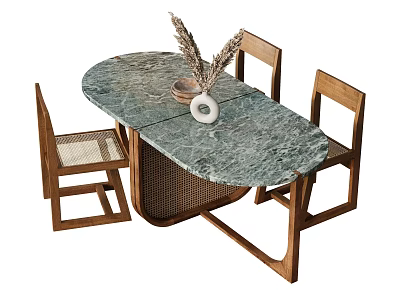 Oval Dining Table Set With Green Marble Top And Wooden Woven Chairs And Vase Decor 3d model