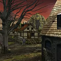 Cartoon Scenery of Medieval Village with Traditional Houses Horse-Drawn Carts People and Sunset