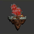 Floating Island Scene With Windmill Red Tree Green Grass And Stone Wall