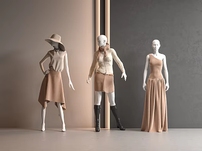 Three Fashion Mannequins in Stylish Beige Brown Outfits with Hat Scarf Black Boots Grey Walls 3d model