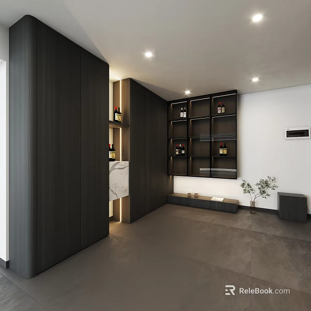 Modern Dark Wood Sideboard With Storage Shelves And Wine Bottles In Interior 3d model 
