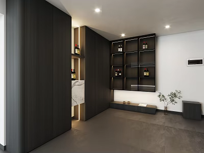 Modern Dark Wood Sideboard With Storage Shelves And Wine Bottles In Interior 3d model