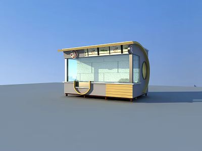 Modern Kiosk Design With Glass Windows Yellow Gray Exterior Canopy Roof And Circular Window 3d model