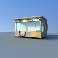 Modern Kiosk Design With Glass Windows Yellow Gray Exterior Canopy Roof And Circular Window