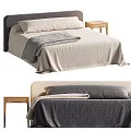 Double Bed with Gray and Beige Bedspread Soft Blanket and Wooden Nightstand