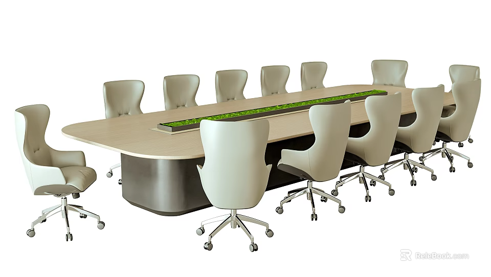 Modern Rectangular Conference Table With Light Wood Top White Rolling Chairs And Green Center Strip 3d model 