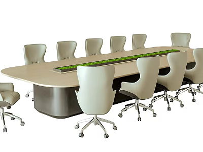 Modern Rectangular Conference Table With Light Wood Top White Rolling Chairs And Green Center Strip 3d model