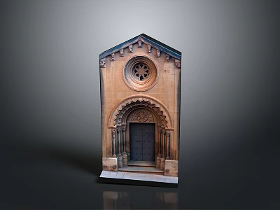 Traditional Architectural Entrance Structure With Arched Door Circular Ornamental Window And Stone Carving Details 3d model