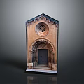 Traditional Architectural Entrance Structure With Arched Door Circular Ornamental Window And Stone Carving Details