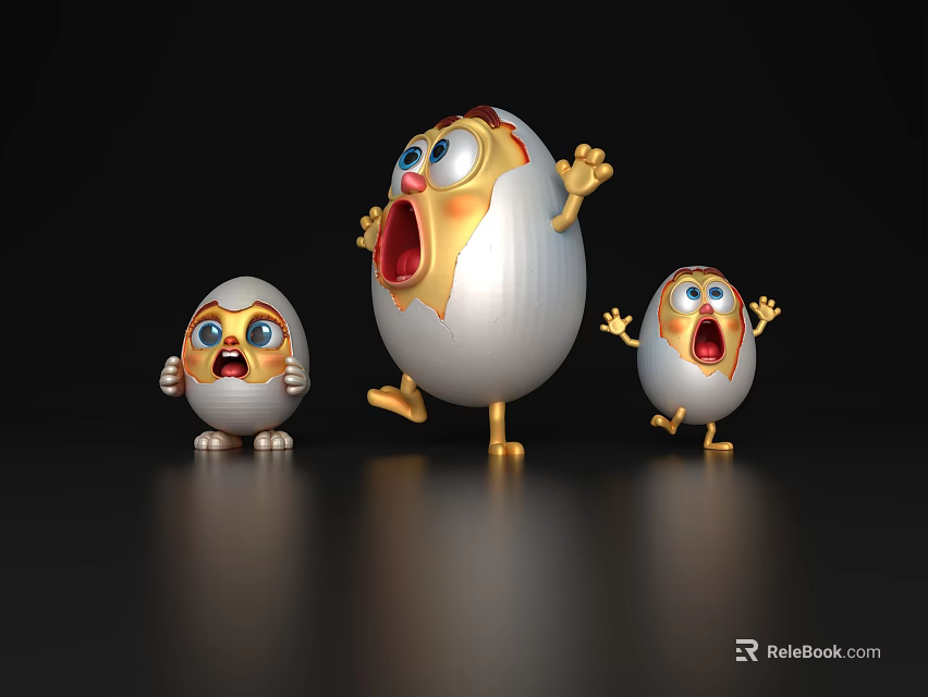 Funny Cartoon Egg Characters With Surprised Expressions Running Poses And Golden Feet 3d model 