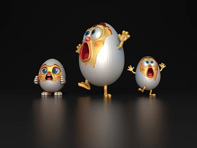 Funny Cartoon Egg Characters With Surprised Expressions Running Poses And Golden Feet 3d model