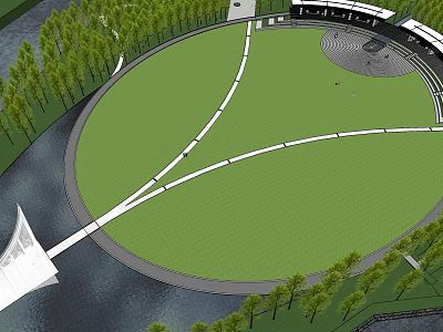 Green Circular Park Area With Trees Water Paths And Structures 3d model