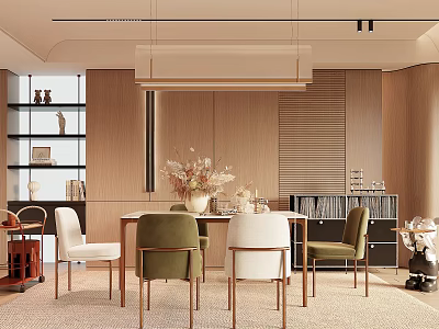 Stylish Modern Restaurant Interior With Wooden Walls Dining Table Green White Chairs And Flower Decorations 3d model
