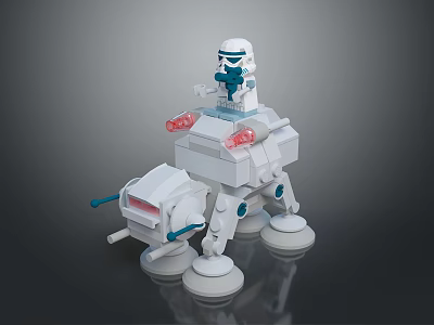 Clone Trooper Game Character Riding White Mechanical Walker With Blue Accents And Red Lights 3d model
