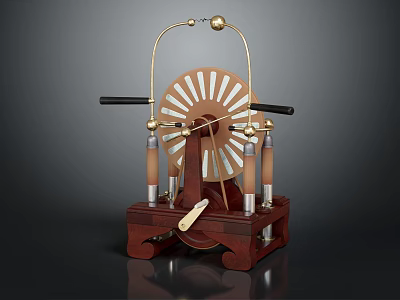 Vintage Mechanical Device With Wooden Base Circular Dial Metal Frame Gold Accents And Black Handles 3d model